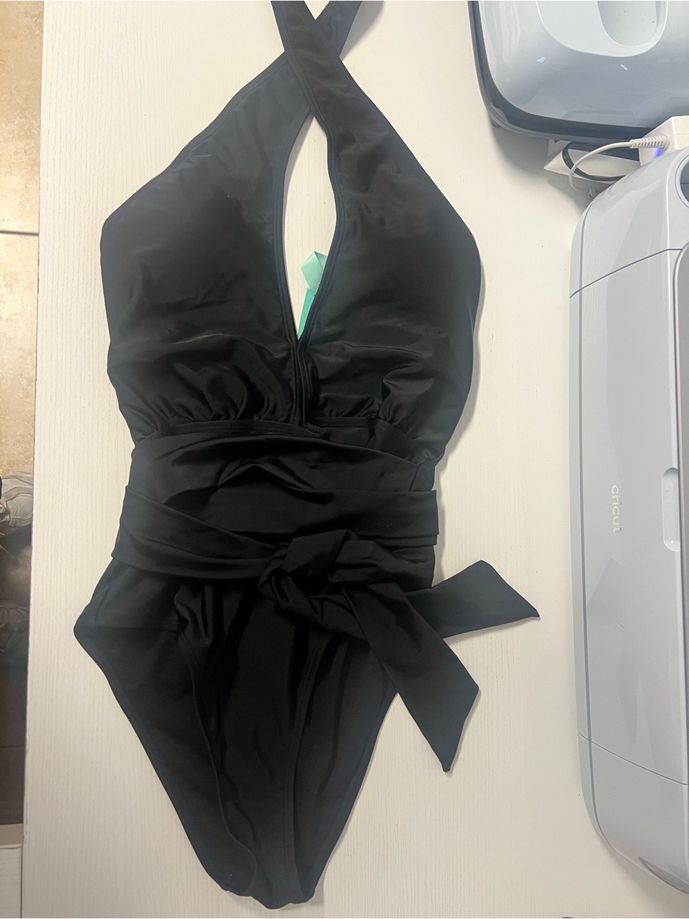 Fashion Nova Black Halter One-Piece Swimsuit with Waist Tie
